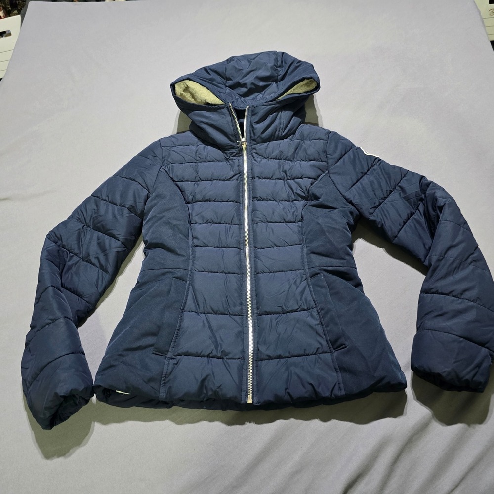 vintage Hollister Puffer Jacket Women Small Navy Sherpa Lined Hooded Quilted Zip